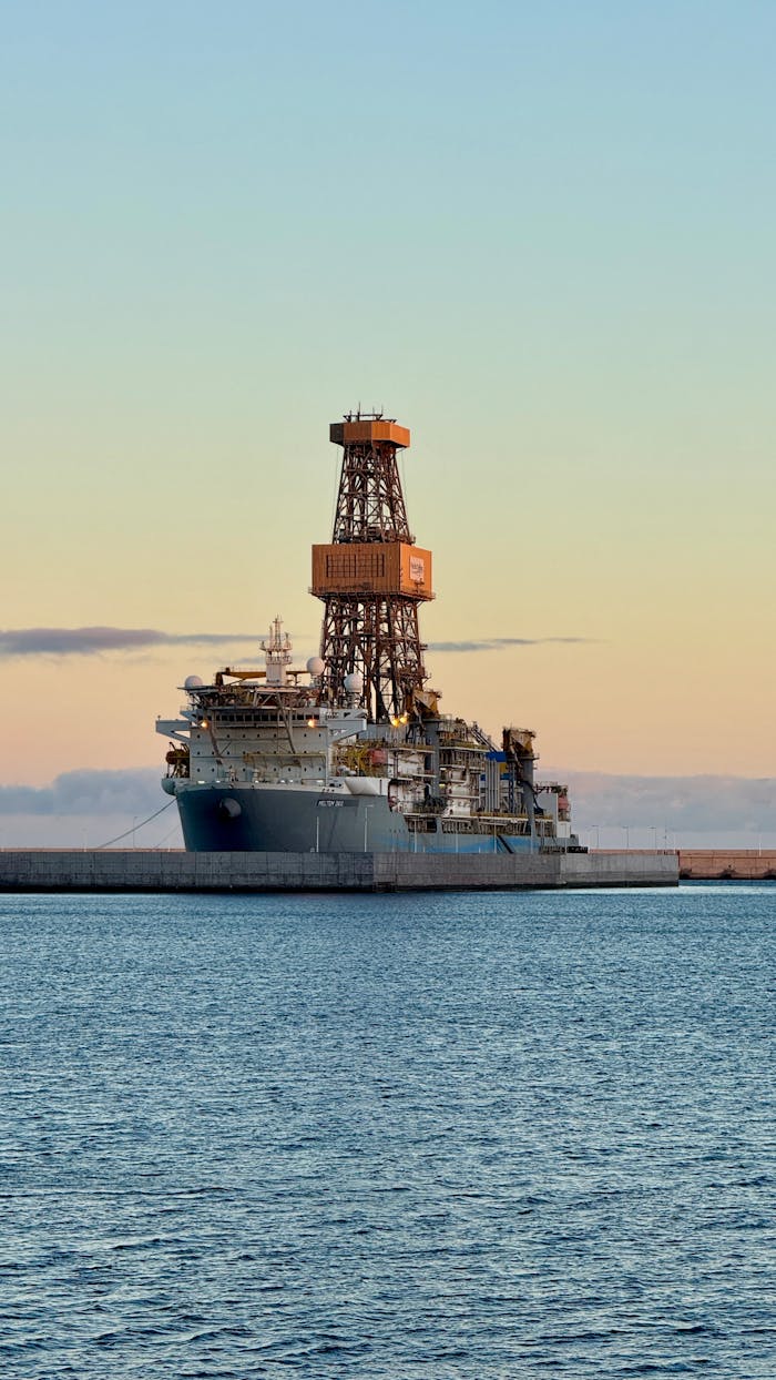 Oil drilling platform stationed in calm waters during sunset, showcasing industrial engineering.
